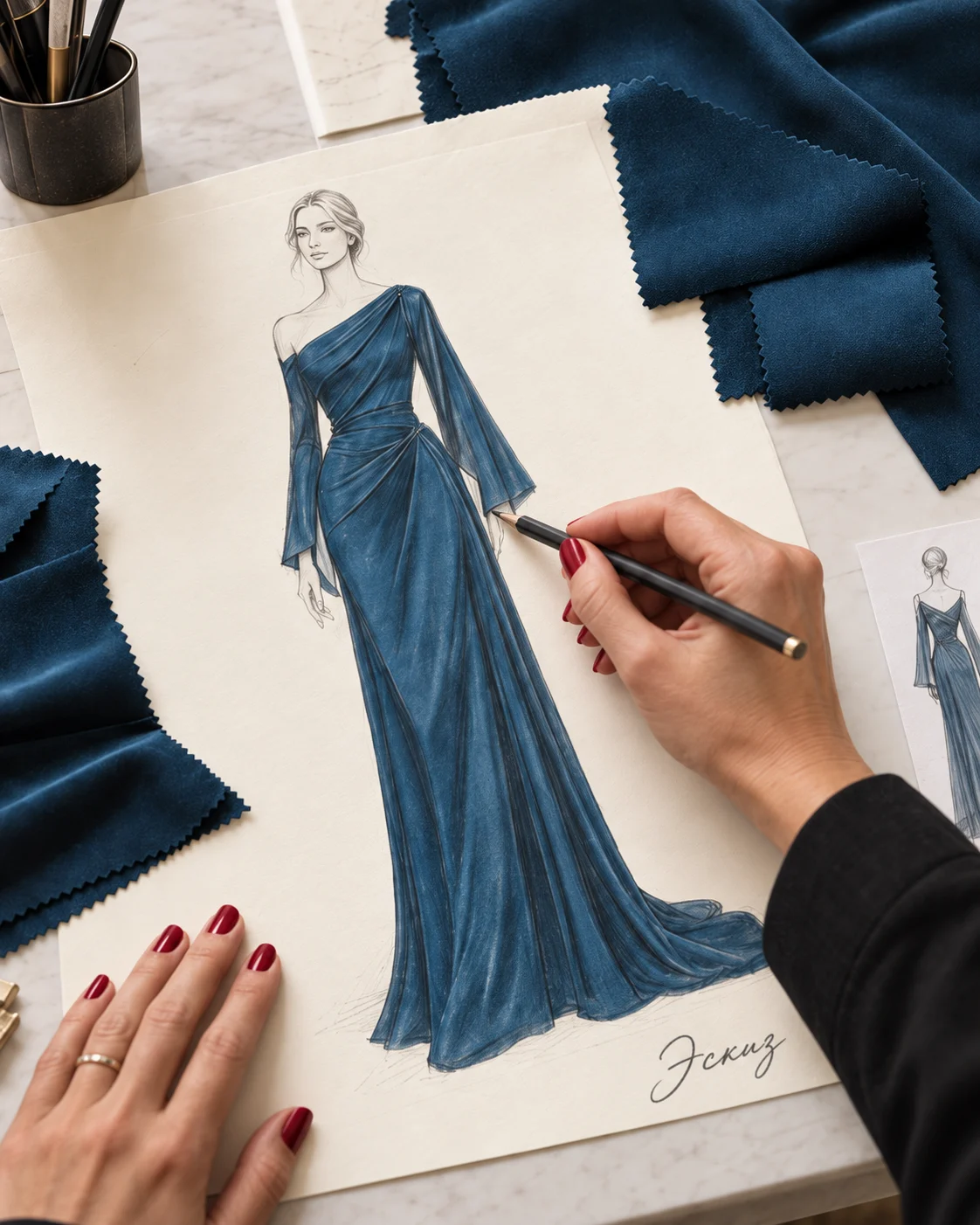 Рисование fashion-эскиза синего вечернего платья рядом с образцом ткани